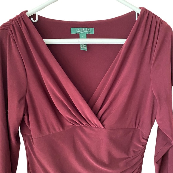Lauren Ralph Lauren size 8 burgundy long sleeves rouching wrap dress EUC - Picture 7 of 12